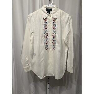 Vintage Lauren Ralph Lauren Floral Embroidered Linen Button Top Cottage PS NWOT